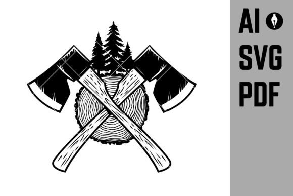 Download Crossed Lumberjack Axes with Wood Cut. - Lumberjack Collection